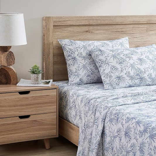 Tommy Bahama - Queen Size Sheets Set, Crisp & Tailored Cooling Sheets with a Smooth Cotton Percale Lightweight Feel - Bed Sheets with Matching Pillowcases & Fitted Sheet (Pen and Ink Palm Blue)