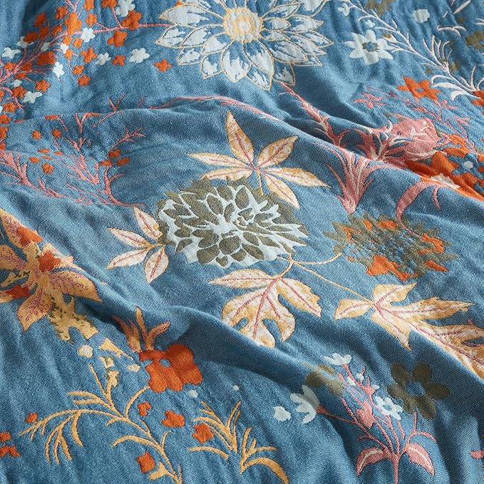 Boho Throw Blanket for Bed 60”x80”, 100% Cotton Woven Blanket for Couch Sofa, Ultra Soft 4-Layer Muslin Quilt with Floral Printed, Farmhouse Bed Blanket/Cover for Living Room Decor