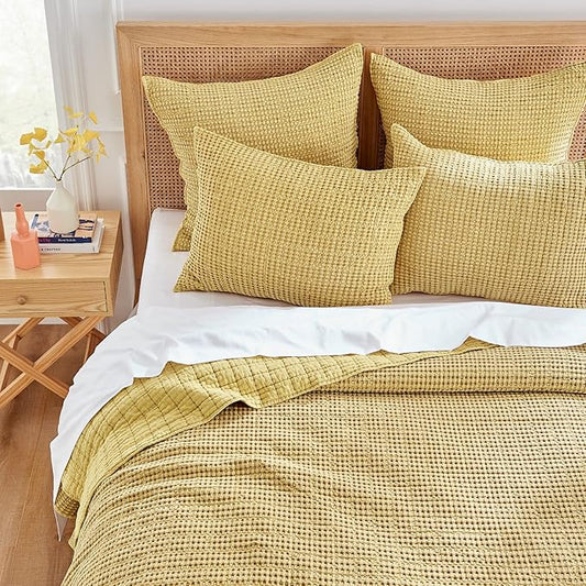 Levtex Home Mills Waffle King/Cal King Quilt Set (106x92in) with 2 Pillow Shams (36x20in) - Ochre - Cotton Waffle King Size Quilt Bedding Set - Lightweight, Soft, Pre-Washed