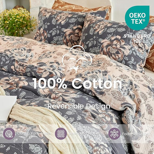BISELINA 100% Cotton Muslin Duvet Cover Set King, 3 Pcs Yarn-Dyed Jacquard Textured Garden Flower, Soft and Breathable Bedding Set with Zipper Closure, Dark Blue Khaki