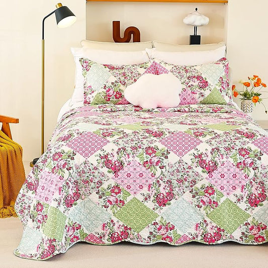 Cmfshape Summer Floral Queen Quilted Bedspread,Romantic Pink Quilt Set Bedding,Reversible Stitched Bedding Set All Season,Soft Lightweight Coverlet with Pillow Cases (Pink&Green, Queen90 x90)