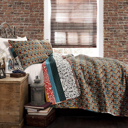 Lush Decor Boho Stripe Reversible Cotton Quilt 3-Piece Set, Full/ Queen, Turquoise & Tangerine - Bold Colorful Bohemian Bedding Set