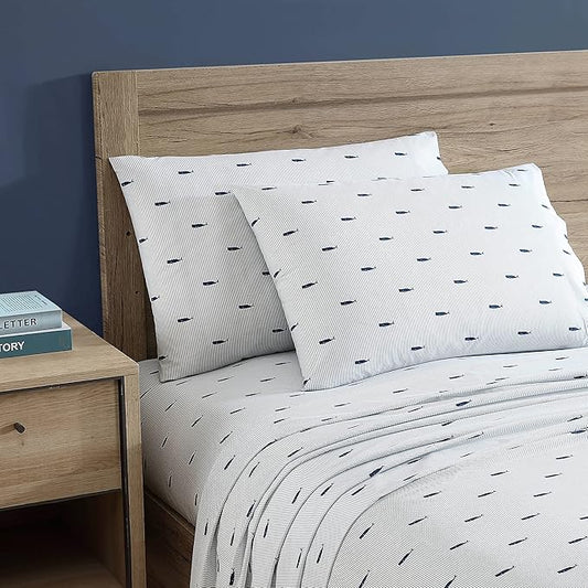 Nautica - Queen Sheets, Cotton Percale Bedding Set, Crisp & Cool, Coastal Home Decor (Whale Stripe Blue, Queen)