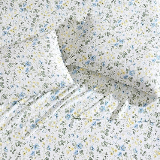 Laura Ashley Home - Standard Pillowcase Set, Cotton Sateen Bedding, Smooth & Wrinkle-Resistant (Meadow Floral Blue/Yellow, 2 Piece)