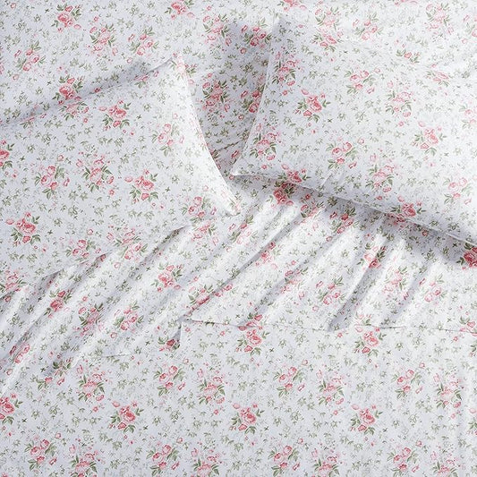 Laura Ashley Home - Standard Pillowcase Set, Cotton Sateen Bedding, Smooth & Wrinkle-Resistant (Lilian Coral, 2 Piece)
