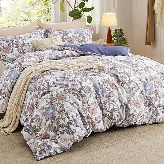 Bedsure Duvet Cover Queen Size - Reversible Blue Floral Duvet Cover Set with Zipper Closure, 3 Pieces Blossom Patterned Bedding Set with 8 Corner Ties and 2 Pillow Shams 20"x26"