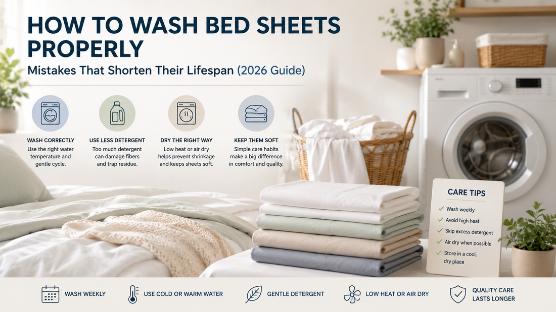 Freshly washed white bed sheets drying naturally in a bright modern bedroom with neatly folded bedding