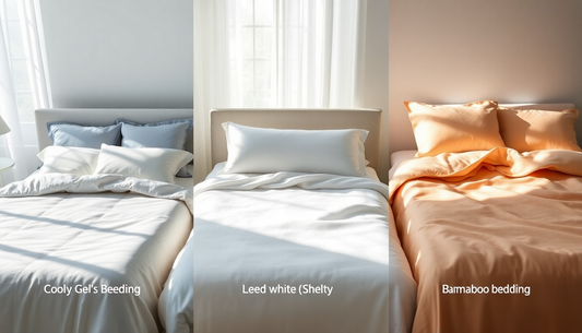 Cooling bedding compared with cotton and bamboo bedding in a bright modern bedroom for comfortable sleep