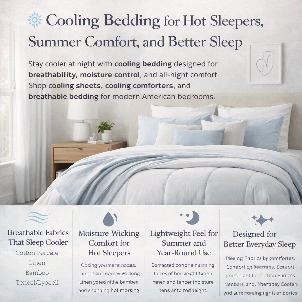cooling bedding in modern American bedroom with breathable sheets lightweight comforter and soft summer styling