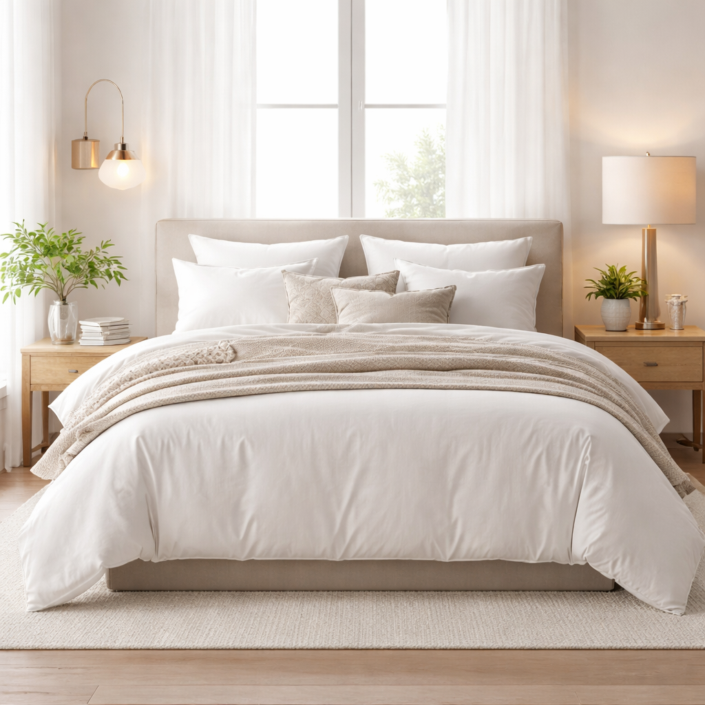 modern American bedroom with neutral bedding set soft natural light cozy hotel style bed