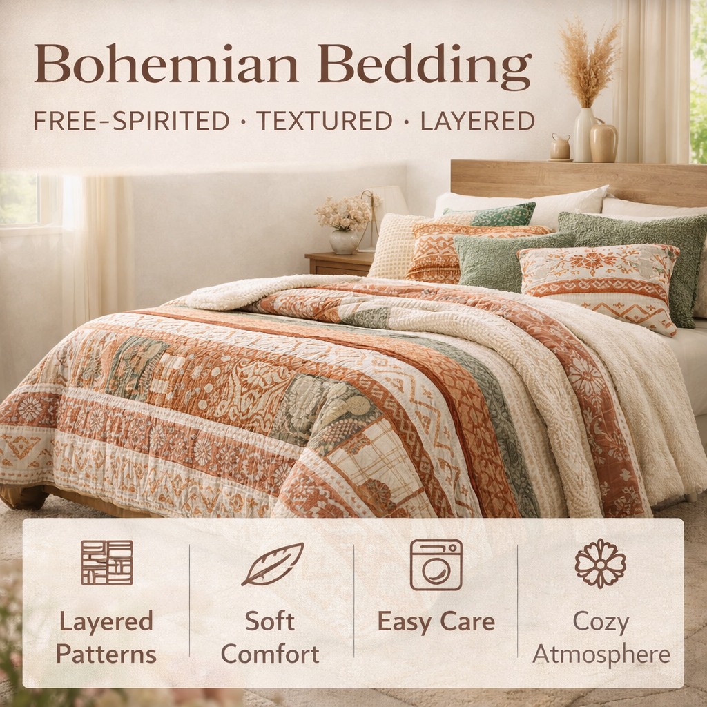 bohemian bedding set boho comforter layered textured bedding earthy tone cozy aesthetic bedroom