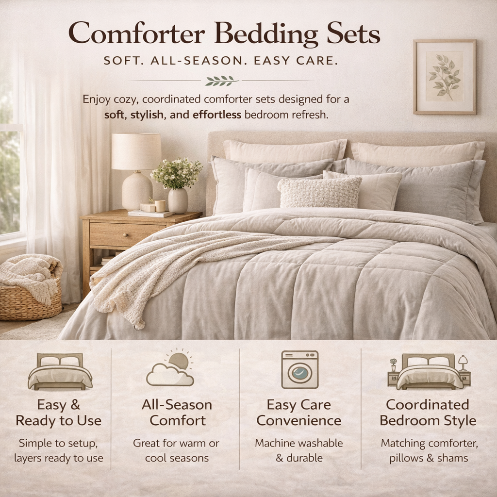 comforter bedding set in modern American bedroom with soft all season layered bed styling