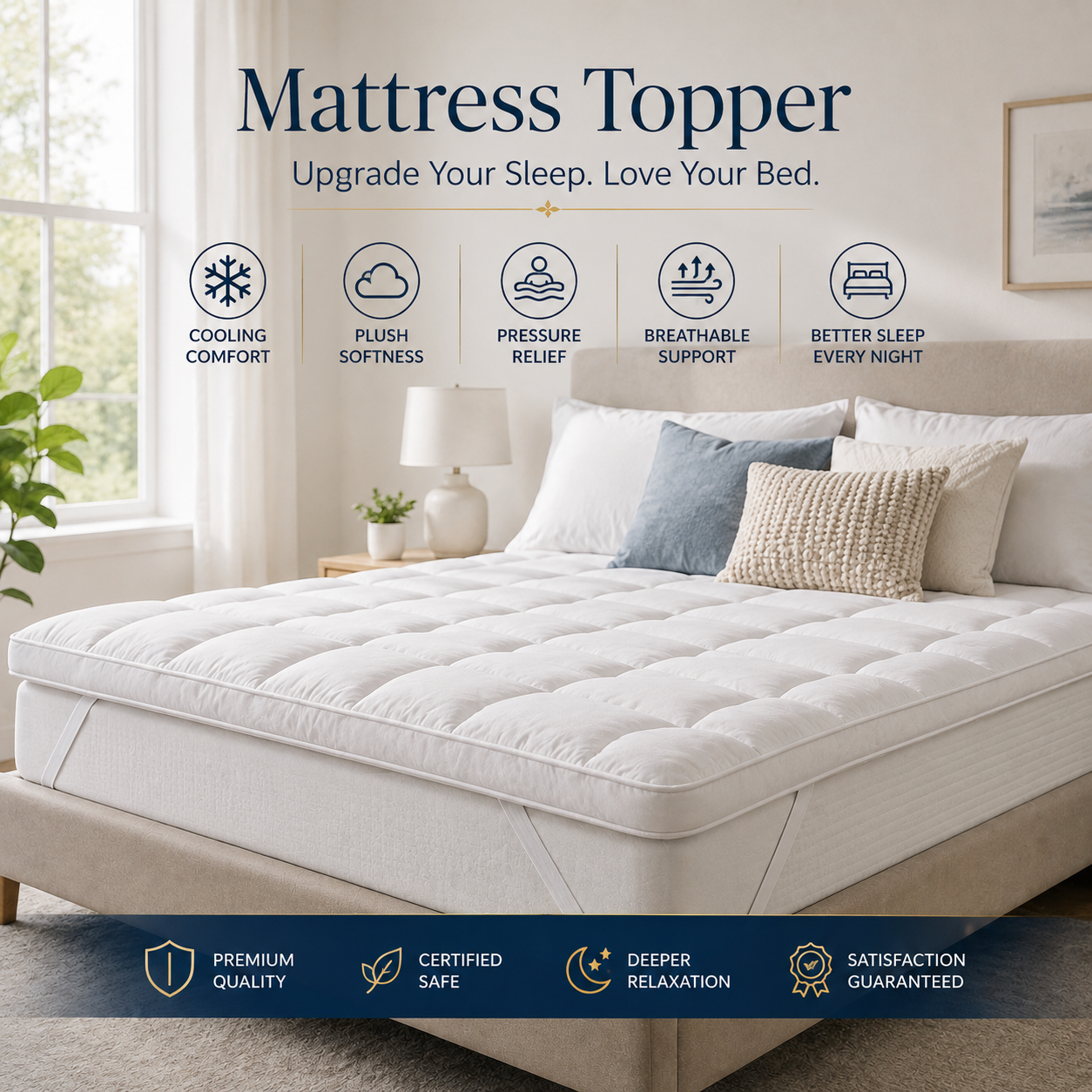 cooling mattress topper on luxury bed with memory foam comfort pressure relief and breathable sleep support