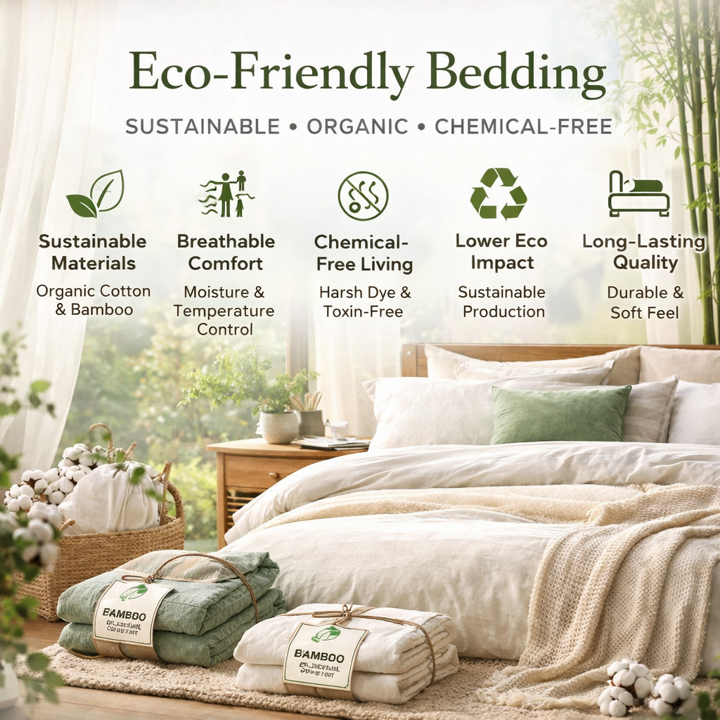 eco friendly bedding organic cotton bamboo sustainable modern bedroom natural light