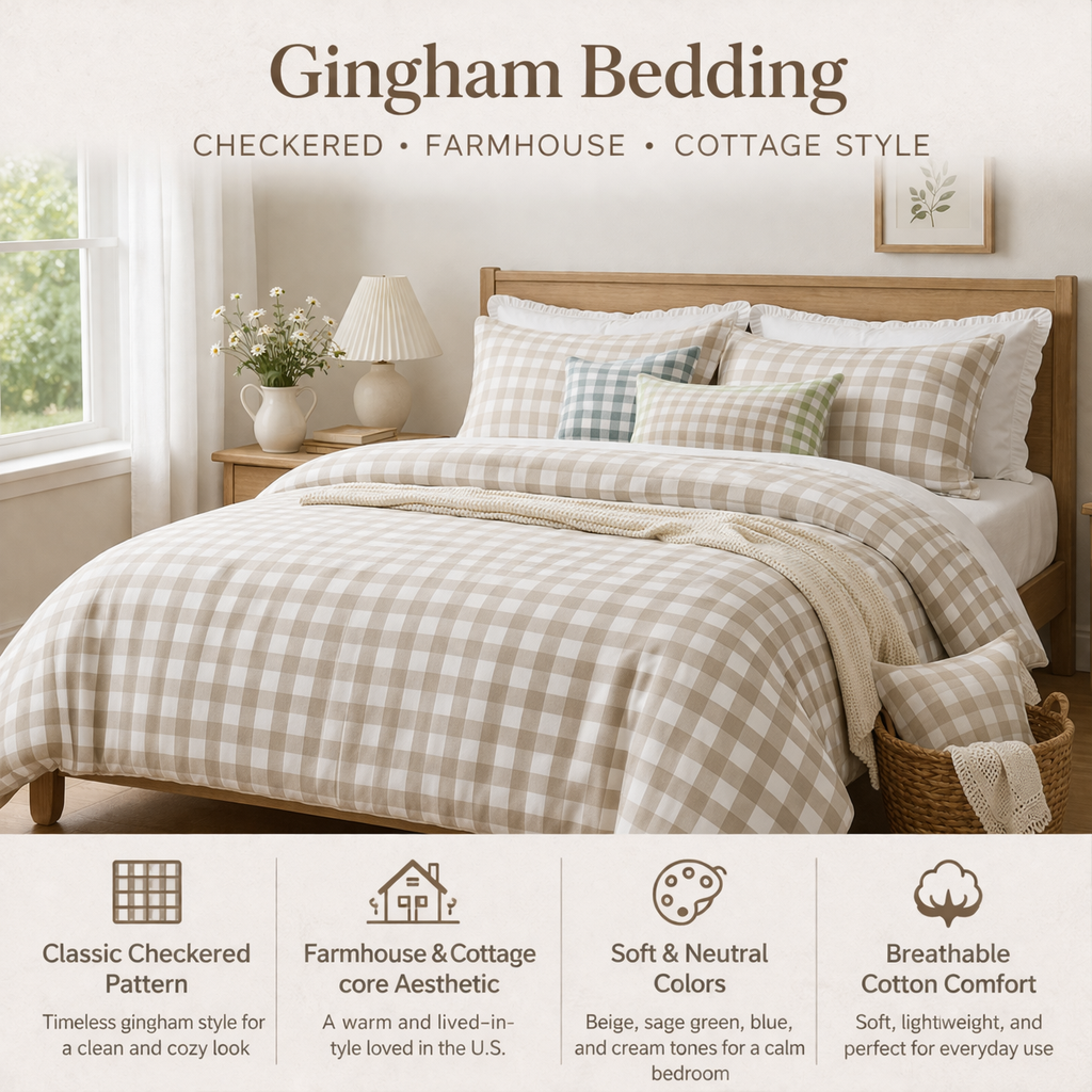 gingham bedding checkered farmhouse cottage style soft cotton bedroom aesthetic