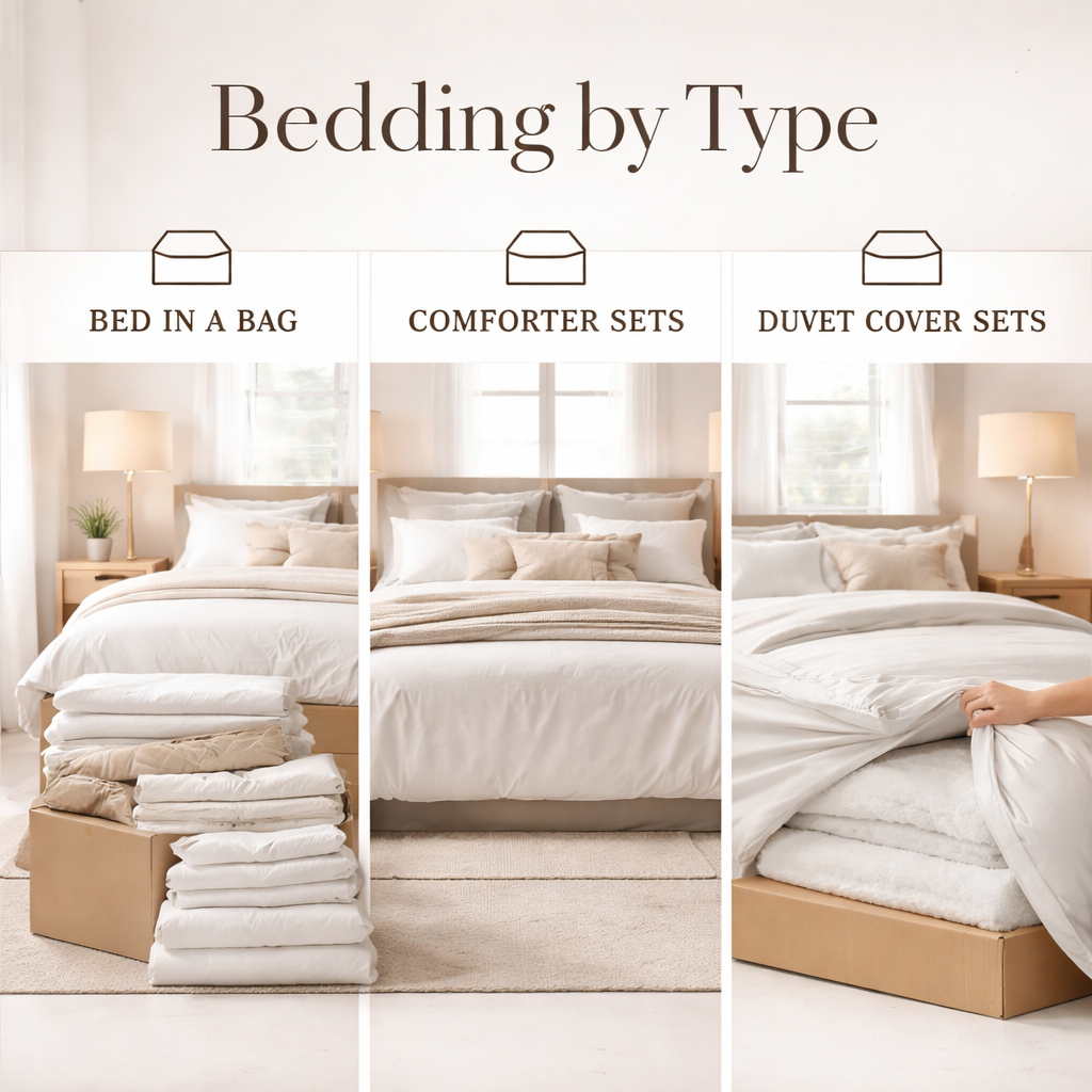modern bedding types comforter duvet bed in a bag displayed in American bedroom