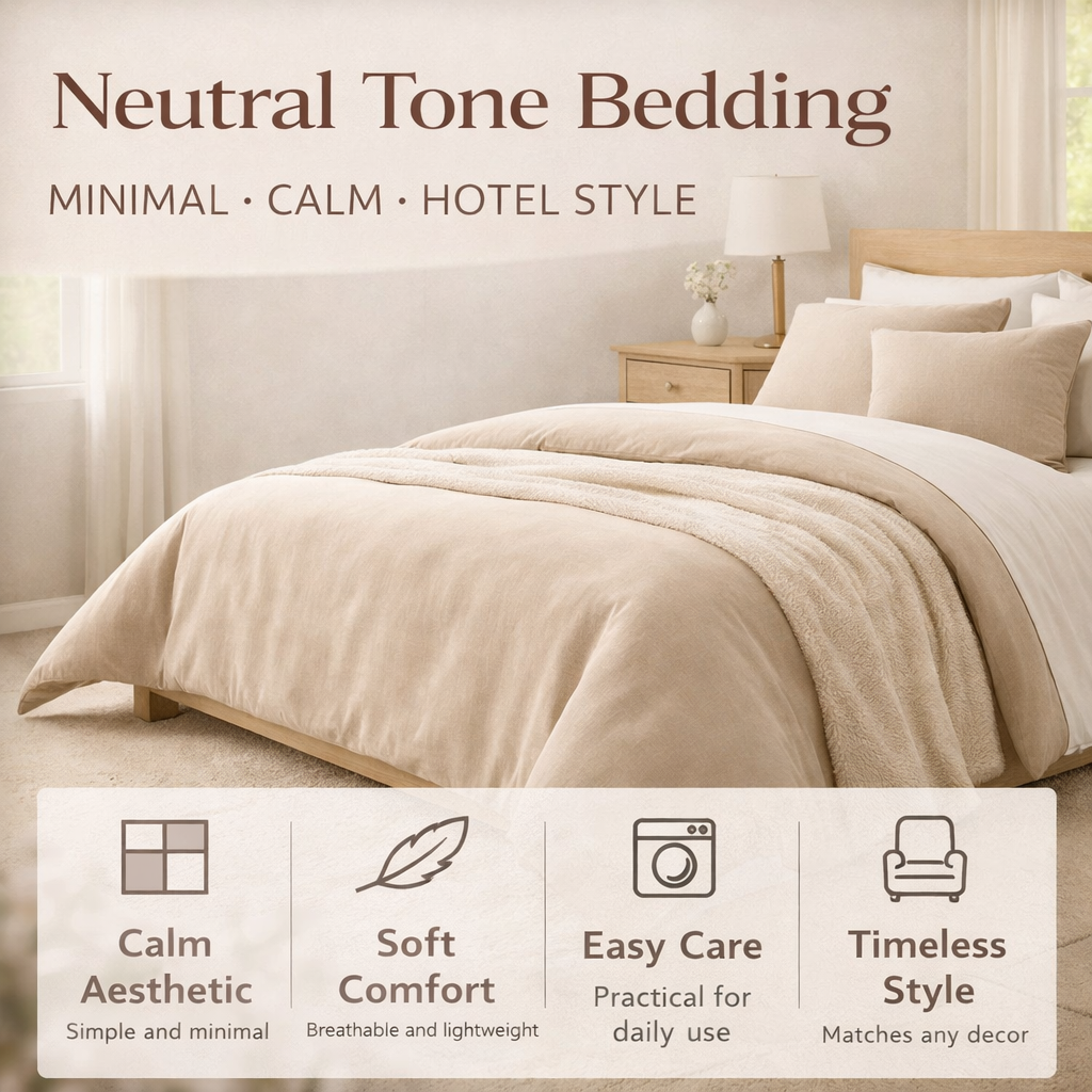 neutral tone bedding beige comforter minimalist bedroom soft breathable hotel style bedding