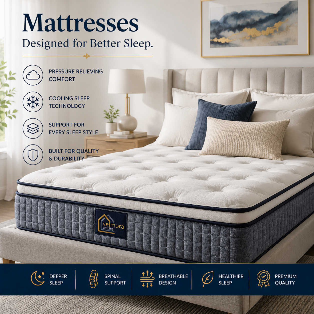 premium mattress in luxury bedroom with memory foam comfort cooling support and pressure relief sleep technology
