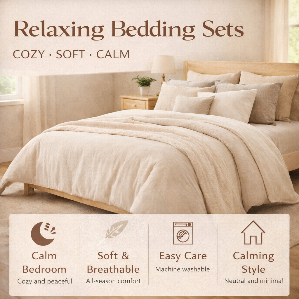relaxing bedding set cozy soft comforter breathable calming neutral bedroom all season bedding
