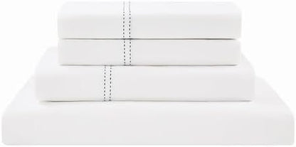 SCOUT 100% Cotton 200 Thread Count Percale Pick Stitch White/Navy 3-Piece Twin XL Sheet Set, Solid Themed, Adult Bedding, Oeko-TEX Certified
