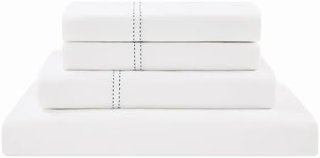 SCOUT 100% Cotton 200 Thread Count Percale Pick Stitch White/Navy 5-Piece Split King Sheet Set, Solid Themed, Adult Bedding, Oeko-TEX Certified