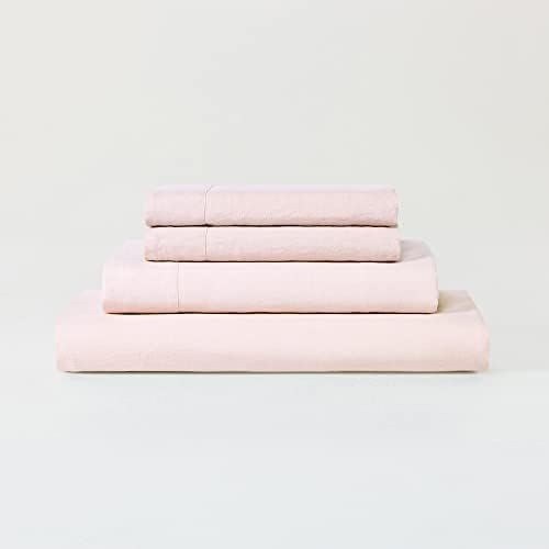Sijo Stone Washed Organic French Linen Bed Sheet Set, GOTS Certified Organic, Best Cooling Linen Sheet Award by Sleep Foundation, 1 Flat Sheet Only (Blush, Full/Queen)