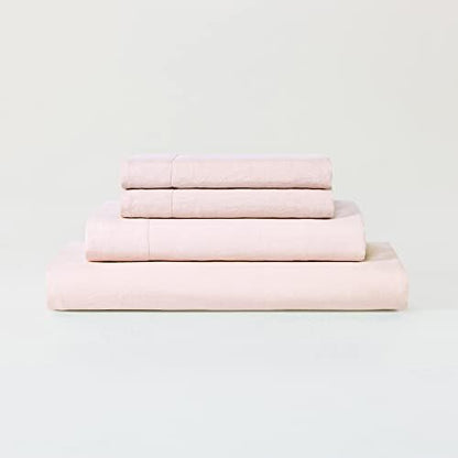 Sijo Stone Washed Organic French Linen Bed Sheet Set, GOTS Certified Organic, Best Cooling Linen Sheet Award by Sleep Foundation, 1 Flat Sheet Only (Blush, Full/Queen)