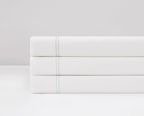SCOUT 100% Cotton Percale Pick Stitch 2-Piece King Pillowcases in White/Seafoam, Solid Color, Oeko-TEX Certified