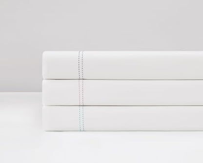 SCOUT 100% Cotton Percale Pick Stitch 2-Piece King Pillowcases in White/Seafoam, Solid Color, Oeko-TEX Certified
