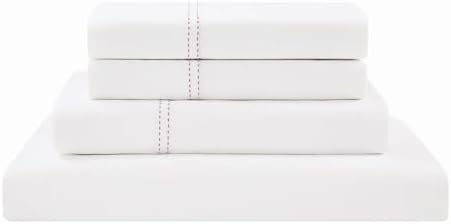 SCOUT 100% Cotton 200 Thread Count Percale Pick Stitch White/Pink Lemonade 3-Piece Twin XL Sheet Set, Solid Themed, Adult Bedding, Oeko-TEX Certified
