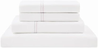 SCOUT 100% Cotton 200 Thread Count Percale Pick Stitch White/Pink Lemonade 3-Piece Twin XL Sheet Set, Solid Themed, Adult Bedding, Oeko-TEX Certified