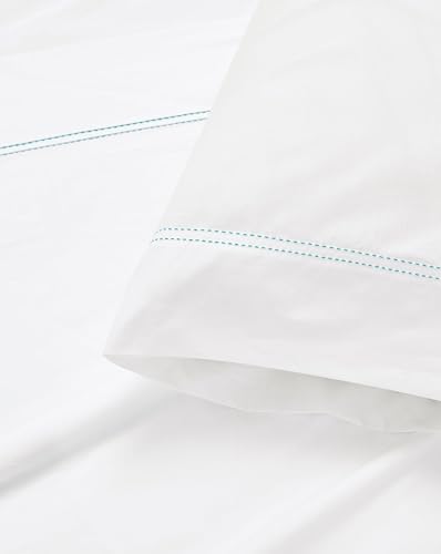 SCOUT 100% Cotton 200 Thread Count Percale Pick Stitch White/Seafoam 3-Piece Twin XL Sheet Set, Solid Themed, Adult Bedding, Oeko-TEX Certified