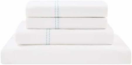 SCOUT 100% Cotton 200 Thread Count Percale Pick Stitch White/Seafoam 4-Piece Queen Sheet Set, Solid Themed, Adult Bedding, Oeko-TEX Certified