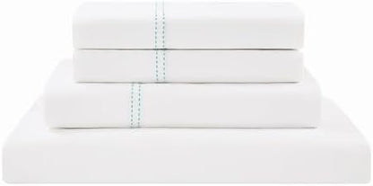 SCOUT 100% Cotton 200 Thread Count Percale Pick Stitch White/Seafoam 4-Piece Queen Sheet Set, Solid Themed, Adult Bedding, Oeko-TEX Certified