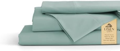 Linen Home 100% Cotton Percale Sheets Twin XL Size, Pastel Turk, Deep Pocket, 3 Pieces Set- 1 Flat, 1 Fitted and 1 Pillowcase, Crisp Cool and Long Staple Strong Bed Linen