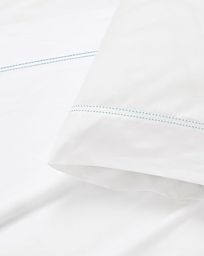 SCOUT 100% Cotton 200 Thread Count Percale Pick Stitch White/Seafoam 5-Piece Split King Sheet Set, Solid Themed, Adult Bedding, Oeko-TEX Certified