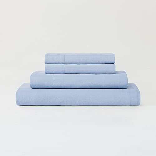 Sijo Stone Washed Organic French Linen Bed Sheet Set, GOTS Certified Organic, Best Cooling Linen Sheet Award by Sleep Foundation, 1 Flat Sheet Only (Sky, King/Cal King)