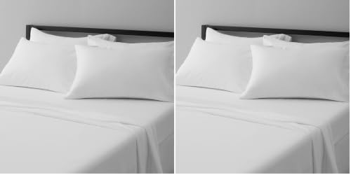 Amazon Basics Soft, Comfortable Queen Size Bed Sheets, Deluxe Microfiber, 4-Piece, Bright White Striped Temp (Pack of 2)