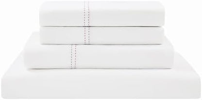 SCOUT 100% Cotton 200 Thread Count Percale Pick Stitch White/Pink Lemonade 5-Piece Split King Sheet Set, Solid Themed, Adult Bedding, Oeko-TEX Certified