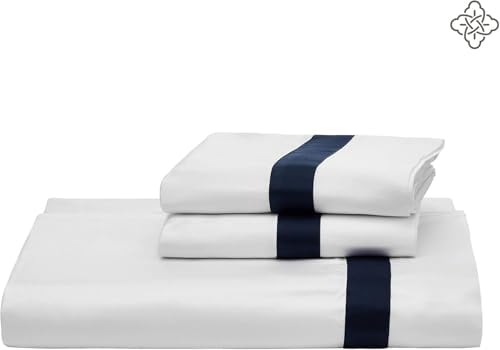 BIOWEAVES 100% Organic Cotton Banded Sheets Soft & Silky Sateen Weaves 4-Piece GOTS Certified Bed Sheet Set Fits Mattress Upto 17" Deep Pocket (Queen, White & Navy Blue)