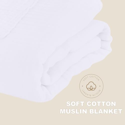 Cosy Family 6 Layer Muslin Bed Blanket - Breathable and Lightweight Gauze Boho Blanket for Spring, Soft 100% Cotton Muslin, White, 80x90 Inches