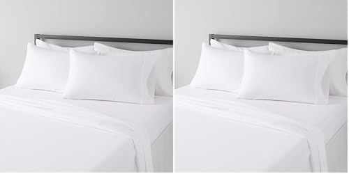 Amazon Basics Lightweight Super Soft Breathable Wrinkle-Resistant Microfiber 4-Piece Bed Sheet Set with 14-Inch Deep Pockets, Queen, Bright White, Solid (Pack of 2)