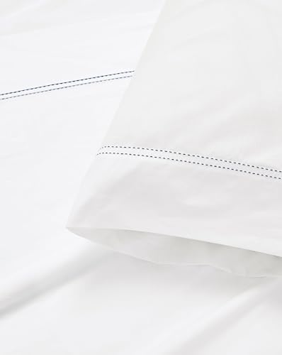 SCOUT 100% Cotton 200 Thread Count Percale Pick Stitch White/Navy 3-Piece Twin Sheet Set, Solid Themed, Adult Bedding, Oeko-TEX Certified