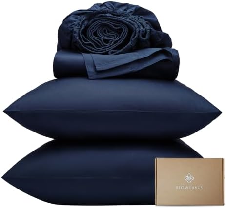 BIOWEAVES 100% Organic Cotton Sheets, 300 Thread Count 4-Piece GOTS Certified Bed Sheet Set Fits Mattress Upto 17" Deep Pocket, Soft & Silky Sateen Weave (Queen, Navy Blue)