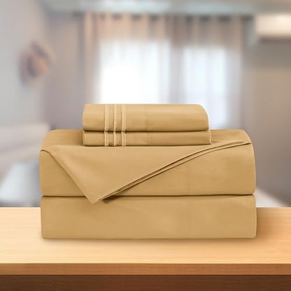 Elegant Comfort Luxury 4-Piece Bed Sheet Set - Luxury Bedding 1500 Premium Hotel Quality Microfiber, Wrinkle Resistant Cool & Breathable, Easy Elastic Fitted, King, Camel-Gold