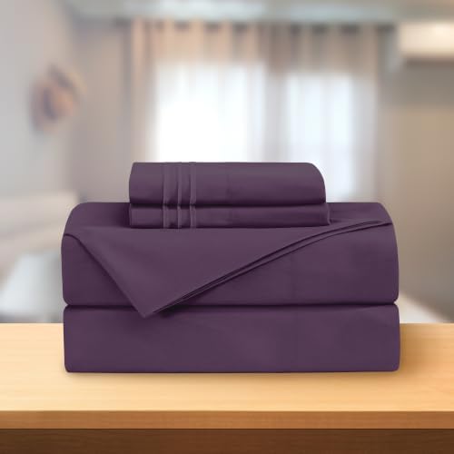 Elegant Comfort Luxury 4-Piece Bed Sheet Set - Luxury Bedding 1500 Premium Hotel Quality Microfiber, Wrinkle Resistant Cool & Breathable, Easy Elastic Fitted, Queen, Plum-Purple