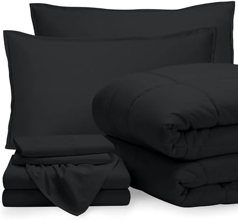 Bare Home Bed-in-A-Bag 7 Piece Comforter & Sheet Set - California King - Goose Down Alternative - Ultra-Soft 1800 Premium - Bed Set (Cal King, Black/Black)