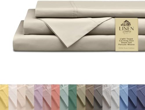Linen Home 100% Cotton Percale Cal King Sheets 4Pc Cooling Set Light Taupe