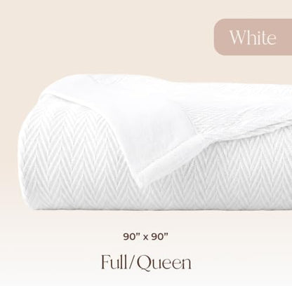 100% Organic Cotton Blanket - GOTS Certified 350GSM Organic Cotton Throw Blanket for Bed with Luxurious & Breathable Herringbone Weave - Great as Bedspread or Coverlet (White, Full/Queen)