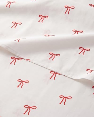 Christmas Sheet Set, Dainty Red Bows, Holiday Xmas Bedding Set - Twin Size